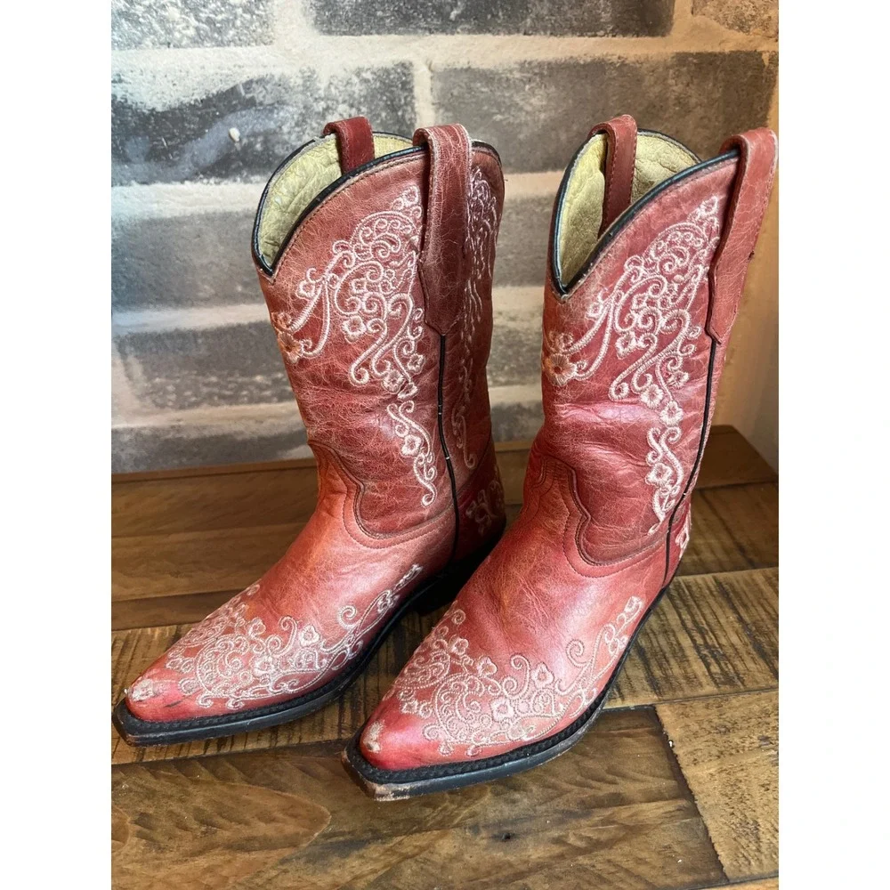 Corral‎ Boots Kids Red Leather Embroidered Western Cowboy Boots Size 12K